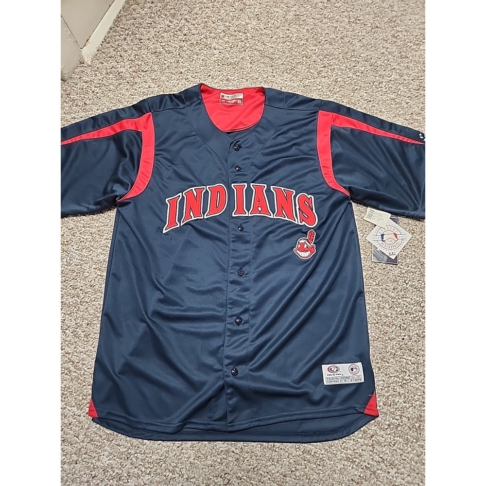 NWT True Fan Cleveland Indians Embroidered Full Button‎ Jersey Men's Large